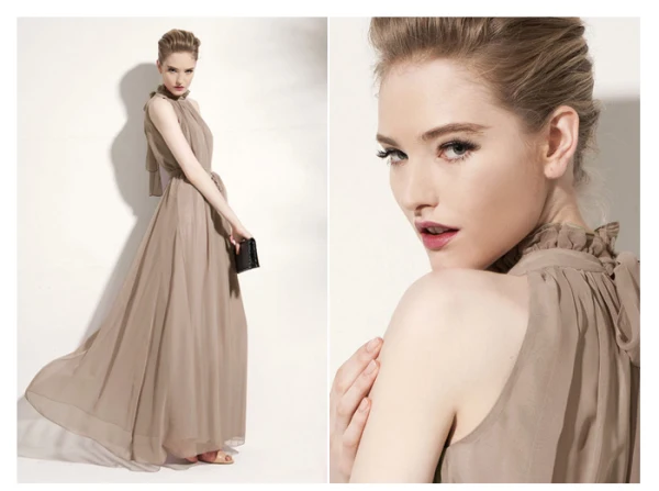 Elegant Summer Khaki Maxi Dresses 2018 Pleated High Neck Short Sleeve Floor-Length / Long Womens Clothing