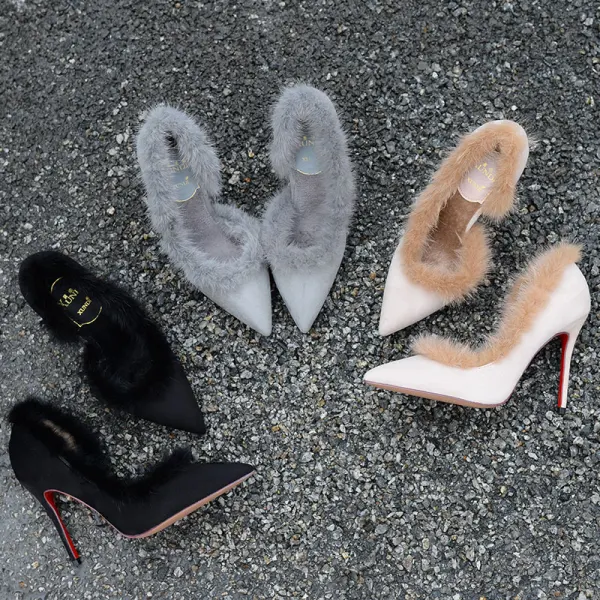 Schöne Schwarz Strassenmode Plüsch Wildleder Damenschuhe 2021 10 cm Stilettos Spitzschuh Offene Seite Hochhackige