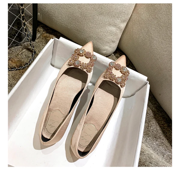 Elegant Champagne Satin Rhinestone Flat Pointed Toe Wedding Shoes 2021
