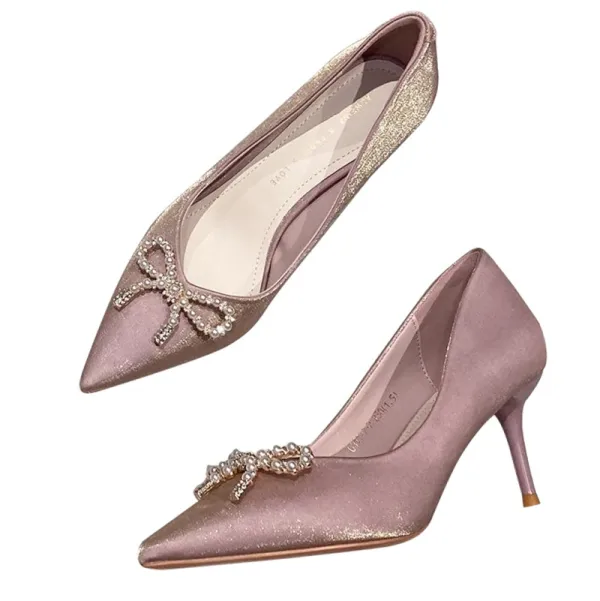 Elegant Beige Evening Party Bow Pearl Pumps 2021 7 cm Stiletto Heels High Heels Pointed Toe Pumps