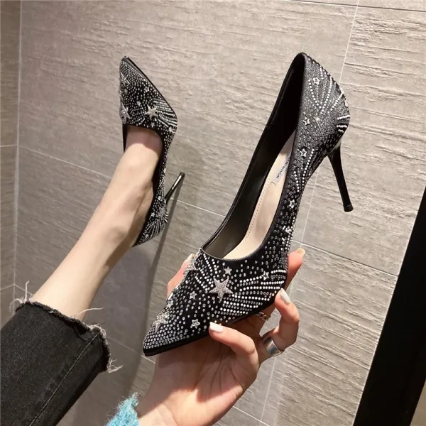 Charmant Noire Soirée Étoile Faux Diamant Escarpins 2021 8 cm Talons Aiguilles Talons Hauts À Bout Pointu Escarpins