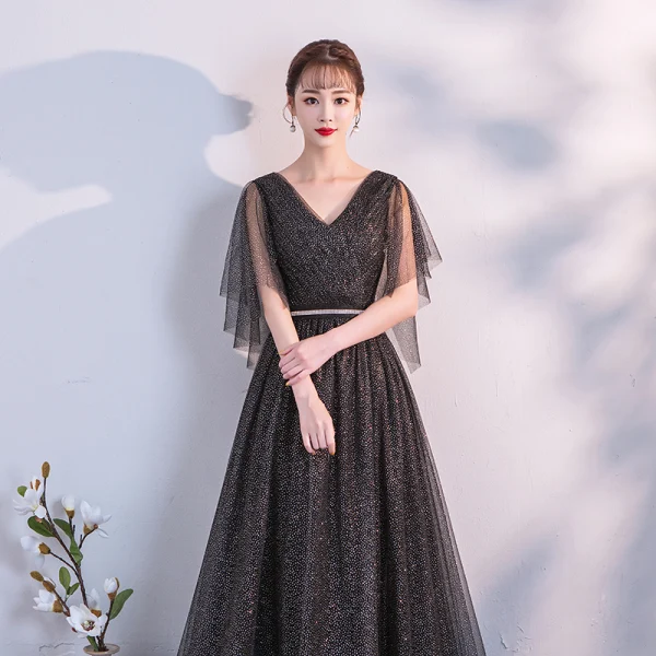 Modern / Fashion Black Evening Dresses 2018 A-Line / Princess Sash V-Neck Backless Short Sleeve Floor-Length / Long Formal Dresses