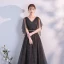 Modern / Fashion Black Evening Dresses  2018 A-Line / Princess Sash V-Neck Backless Short Sleeve Floor-Length / Long Formal Dresses