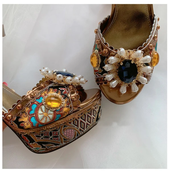 Luxus / Herrlich Barocke Braun Perle Strass Ball Sandalen Damen 2021 Leder Wasserdichte Knöchelriemen 14 cm Thick Heels Peeptoes Hochhackige