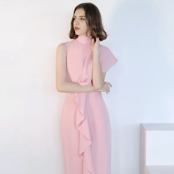 Simple Rougissant Rose Robe De Soirée 2018 Col Haut Sans Manches Thé Longueur Robe De Ceremonie