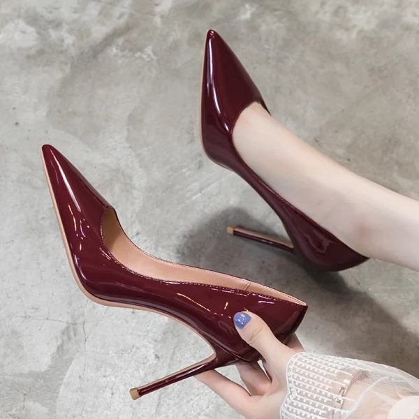 Fashion Burgundy Evening Party Patent Leather Pumps 2021 Leather High Heels 10 cm Stiletto Heels Pointed Toe Pumps