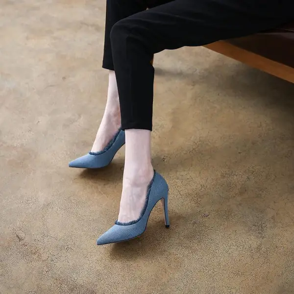 Fashion Pool Blue Street Wear Canvas Pumps High Heels 2021 10 cm Stiletto Heels Pointed Toe Pumps