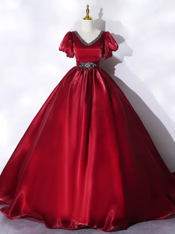 Classy Burgundy Prom Dresses 2021 Ball Gown V-Neck Crystal Rhinestone Short Sleeve Backless Floor-Length / Long Prom Formal Dresses
