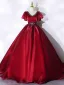 Classy Burgundy Prom Dresses 2021 Ball Gown V-Neck Crystal Rhinestone Short Sleeve Backless Floor-Length / Long Prom Formal Dresses