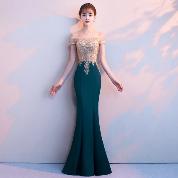 Elegant Dark Green Evening Dresses  2018 Trumpet / Mermaid Lace Beading Off-The-Shoulder Backless Short Sleeve Floor-Length / Long Formal Dresses