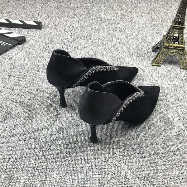 Vintage Schwarz Freizeit Leder Strass Pumps 2021 7 cm Stilettos Hochhackige Spitzschuh Pumps
