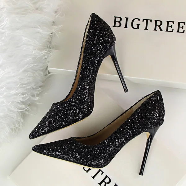 Glittrande Champagne Afton Paljetter Pumps 2021 Högklackade 9 cm Stilettklackar Spetsiga Pumps