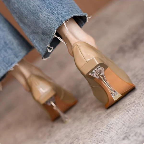 Fashion Beige Cocktail Party Pumps 2021 Leather Crystal 8 cm Stiletto Heels High Heels Pointed Toe Pumps
