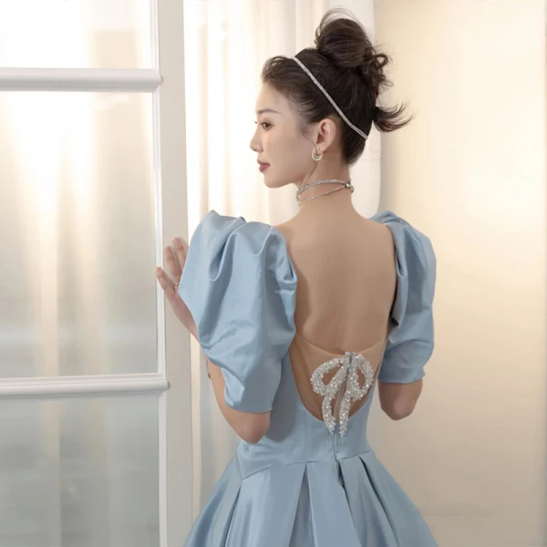 Vintage / Retro Sky Blue Satin Prom Dresses 2021 A-Line / Princess Square Neckline Short Sleeve Backless Beading Bow Floor-Length / Long Prom Formal Dresses