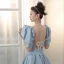 Vintage / Retro Sky Blue Satin Prom Dresses 2021 A-Line / Princess Square Neckline Short Sleeve Backless Beading Bow Floor-Length / Long Prom Formal Dresses