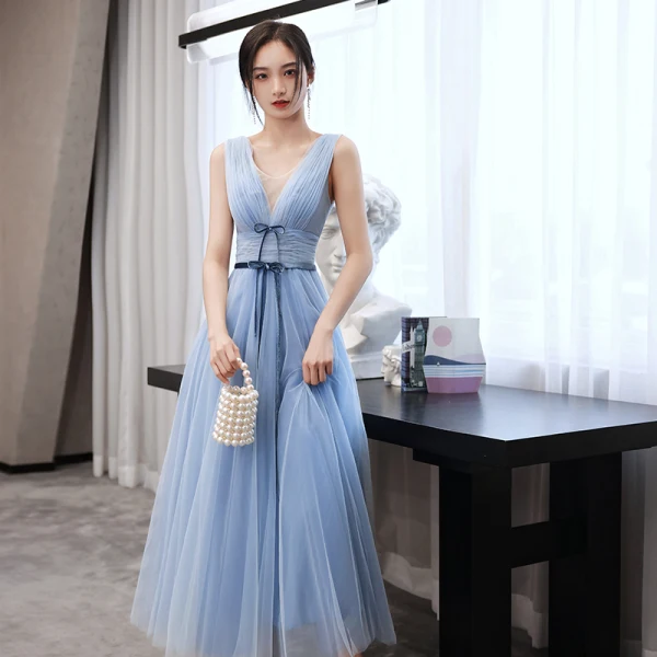 Modest Simple Sky Blue Bow Sash Bridesmaid Dresses 2021 A-Line Princess Short Sleeve Modest Simple Sky Blue Bow Sash Bridesmaid Dresses 2021 A-Line Princess Short Sleeve