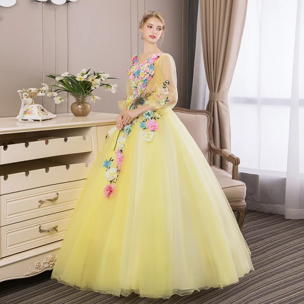 Affordable Flower Fairy Yellow Prom Dresses 2018 Ball Gown Appliques V-Neck Backless 3/4 Sleeve Floor-Length / Long Formal Dresses