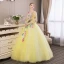 Affordable Flower Fairy Yellow Prom Dresses 2018 Ball Gown Appliques V-Neck Backless 3/4 Sleeve Floor-Length / Long Formal Dresses