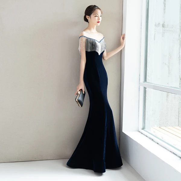 Elegant Navy Blue Evening Dresses 2018 Trumpet / Mermaid Beading Tassel Suede Scoop Neck Backless Short Sleeve Floor-Length / Long Formal Dresses