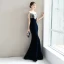 Elegant Navy Blue Evening Dresses  2018 Trumpet / Mermaid Beading Tassel Suede Scoop Neck Backless Short Sleeve Floor-Length / Long Formal Dresses