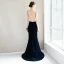 Élégant Bleu Marine Robe De Soirée 2019 Trompette / Sirène Perlage Gland Faux Diamant V-Cou Dos Nu Sans Manches Train De Balayage Robe De Ceremonie