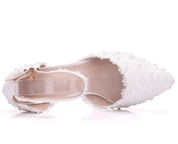 Charming Ivory Wedding Shoes 2018 Lace Rhinestone Pearl Ankle Strap 9 cm Stiletto Heels Wedding