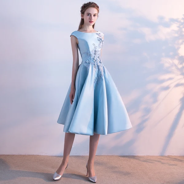 2018 graduation dresses Navy Scoop Neck High Low Prom Dress Short A Line Satin Party Gown Girl –  Siaoryne