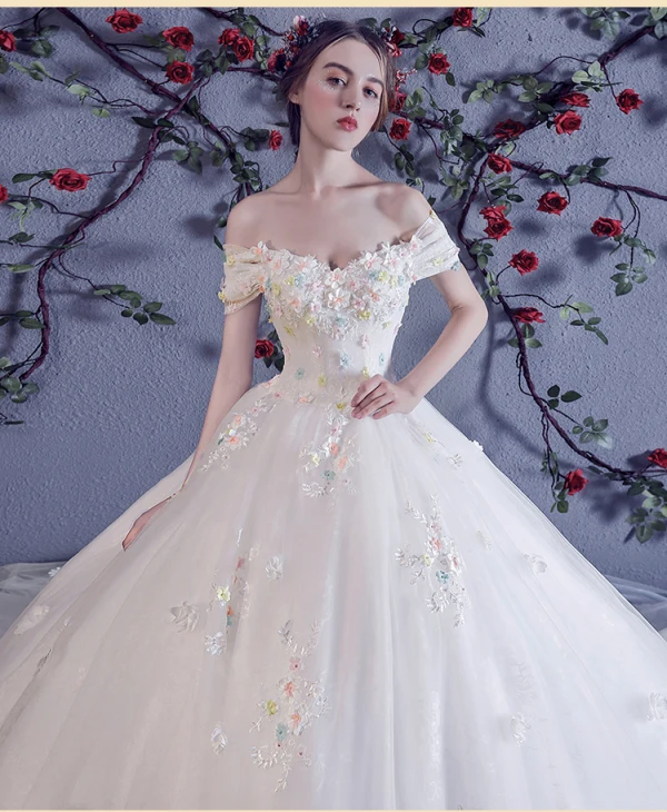 Chic / Beautiful White Wedding Dresses 2018 Ball Gown Multi-Colors Appliques Pearl Off-The-Shoulder Backless Sleeveless Cathedral Train Wedding