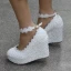 Modern / Fashion White Wedding Shoes 2018 Lace Pearl Ankle Strap 10 cm Wedges Round Toe Wedding
