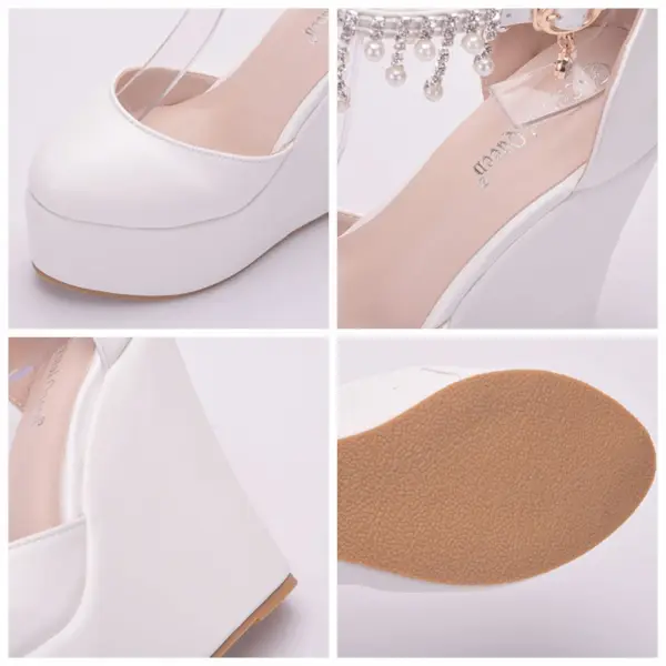 Modern / Fashion White Casual Womens Shoes 2018 Pearl Rhinestone Tassel Platform 11 cm Wedges Round Toe