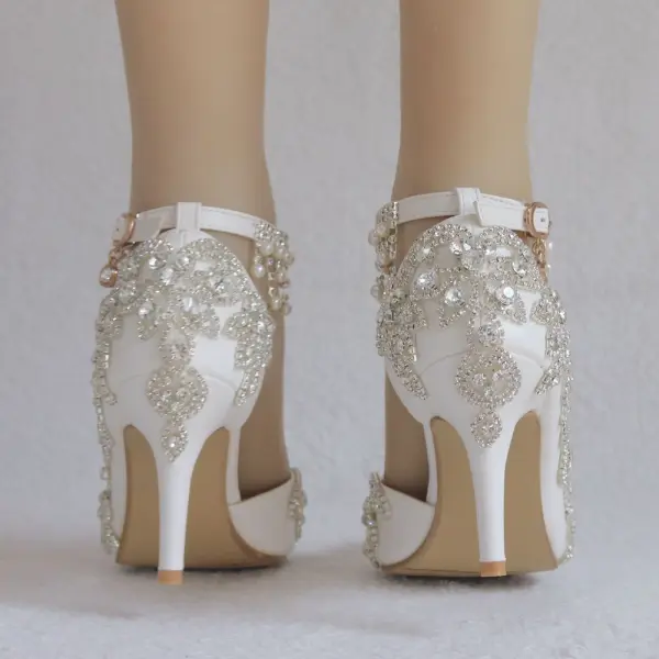 Elegant White Wedding Shoes 2018 Rhinestone Pearl Tassel 8 cm Stiletto Heels Pointed Toe Wedding High Heels