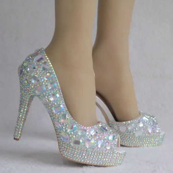 Amazing / Unique Silver Wedding Shoes 2018 Crystal 11 cm Stiletto Heels Open / Peep Toe Wedding High Heels