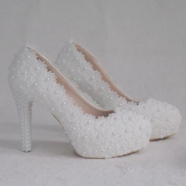 Chic / Beautiful White Wedding Shoes 2018 Lace Pearl 11 cm Stiletto Heels Round Toe Wedding Pumps