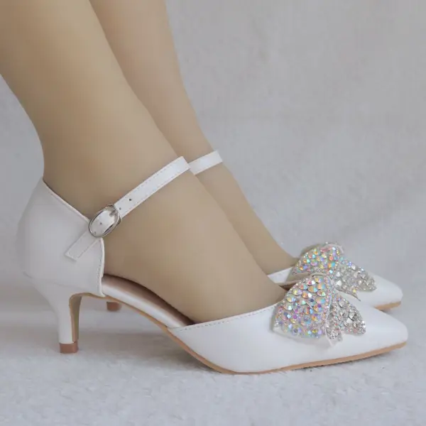 Chic / Beautiful White Casual Womens Shoes 2018 Buckle Rhinestone Bow 5 cm Stiletto Heels Pointed Toe High Heels