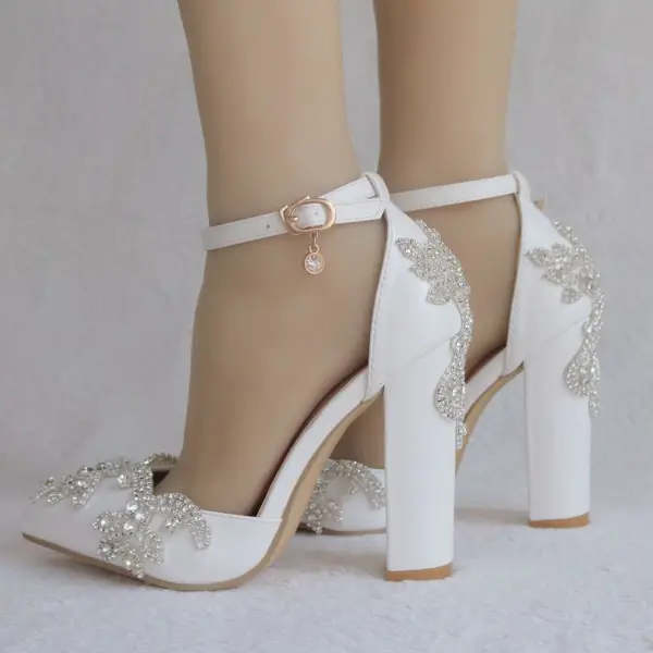 Modern / Fashion White Wedding Shoes 2018 Rhinestone Ankle Strap 10 cm Thick Heels Pointed Toe Wedding High Heels