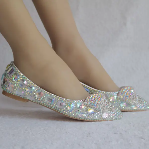 Scintillantes Argenté Chaussure De Mariée 2018 Cristal Faux Diamant À Bout Pointu Plate Mariage
