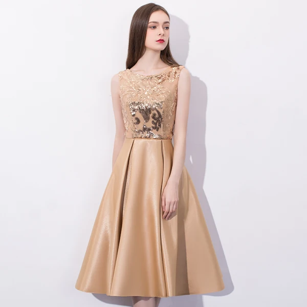 Chic / Beautiful Champagne Homecoming Graduation Dresses 2018 A-Line / Princess Sequins Scoop Neck Sleeveless Knee-Length Formal Dresses
