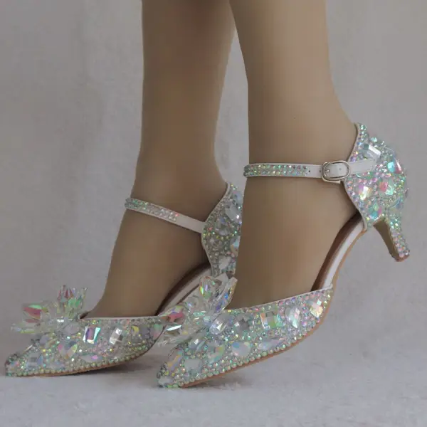 Amazing / Unique Silver Wedding Shoes 2018 Buckle Crystal Rhinestone 5 cm Stiletto Heels Pointed Toe Wedding High Heels