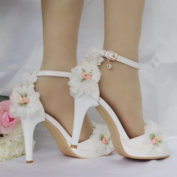 Modern / Fashion White Wedding Shoes 2018 Appliques Rhinestone Ankle Strap 10 cm Stiletto Heels Open / Peep Toe Wedding High Heels