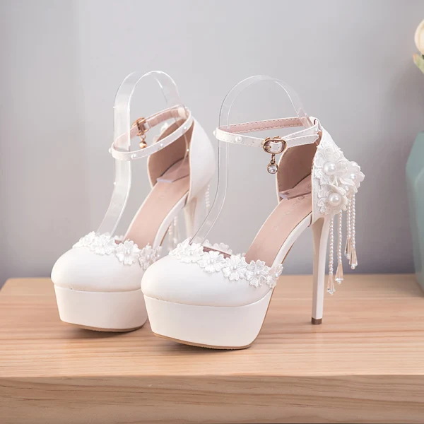 Modern / Fashion White Wedding Shoes 2018 Lace Flower Ankle Strap Pearl Tassel 14 cm Stiletto Heels Round Toe Wedding High Heels