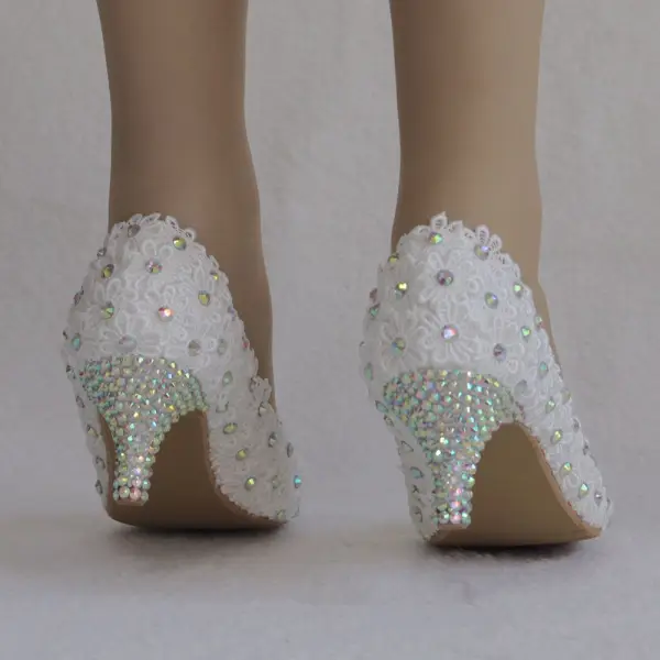 Chic / Beautiful White Wedding Shoes 2018 Lace Flower Rhinestone 5 cm Stiletto Heels Pointed Toe Wedding Pumps