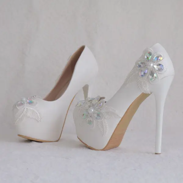 Mote Hvit Brudesko 2018 Blonder Krystall 14 cm Stiletthæler Rund Tå Bryllup Pumps