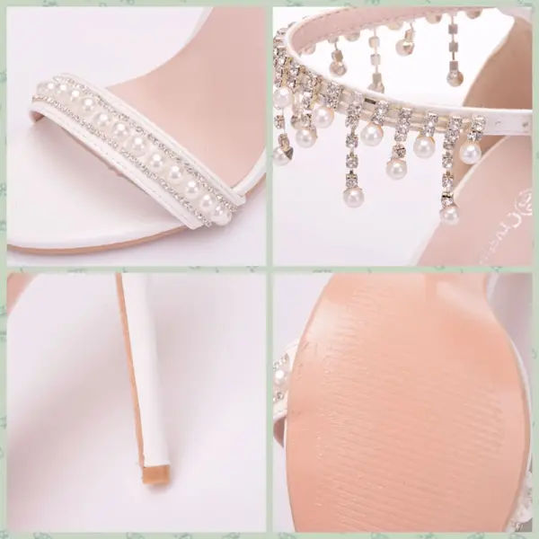 Charmant Weiß Brautschuhe 2018 Perle Strass Quaste Knöchelriemen 11 cm Stilettos Peeptoes Hochzeit Hochhackige