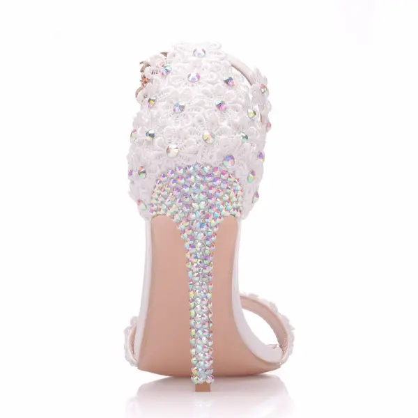 Modern / Fashion White Wedding Shoes 2018 Lace Flower Rhinestone Ankle Strap 11 cm Stiletto Heels Open / Peep Toe Wedding High Heels