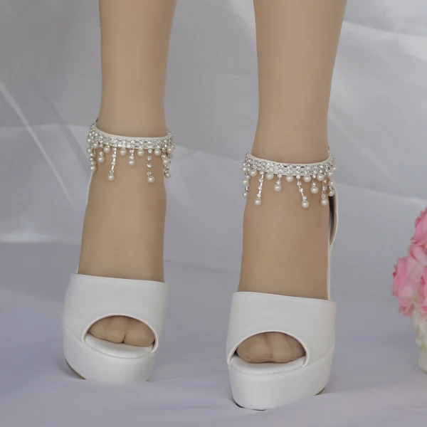 Mote Hvit Casual Kilehæl Damesko 2018 Perle Rhinestone Dusk Ankelstropp Peep Toe