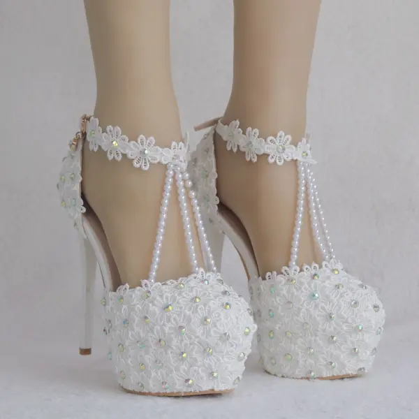 Modern / Fashion White Wedding Shoes 2018 Lace Flower Pearl Rhinestone Ankle Strap T-Strap 11 cm Stiletto Heels Round Toe Wedding High Heels