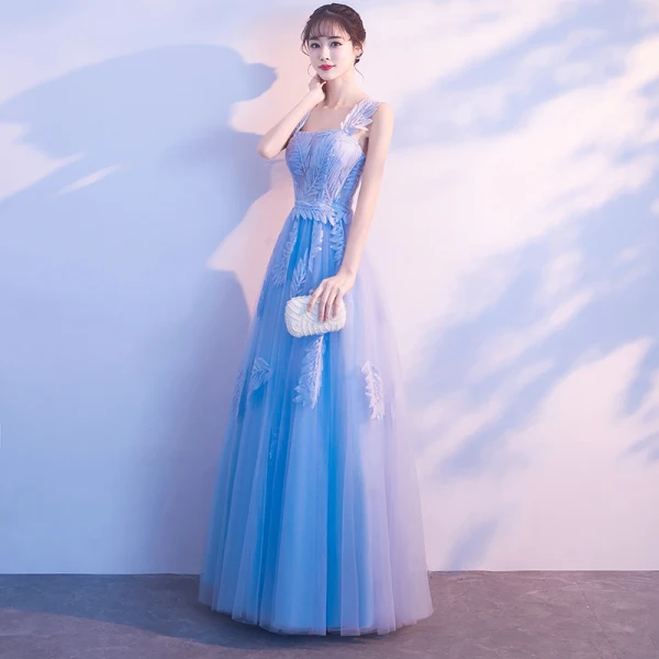 Chic / Beautiful Sky Blue Evening Dresses 2018 A-Line / Princess Appliques Shoulders Backless Sleeveless Floor-Length / Long Formal Dresses