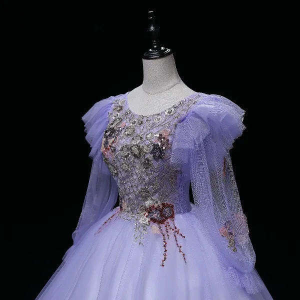 Elegant Lavender Beading Lace Flower Sequins Prom Dresses 2022 Ball Gown Scoop Neck Long Sleeve Prom Floor-Length / Long Formal Dresses