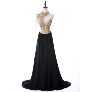 Sparkly Evening Dresses 2017 Sleeveless Beading Crystal Sequins Chiffon Rhinestone Tassel Formal Dresses Sweep Train