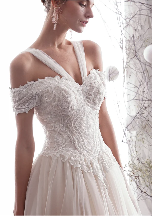 Elegant Champagne Wedding Dresses 2019 A-Line / Princess Off-The-Shoulder Beading Lace Flower Short Sleeve Backless Floor-Length / Long